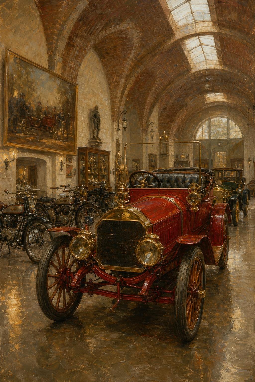 Vaulted brick garage lined with brass-era automobiles and vintage motorcycles under skylights (AI-generated image)