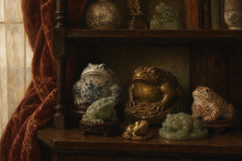 Frog figurines in porcelain, brass and green jade arranged along a wooden bookshelf (AI-generated image)