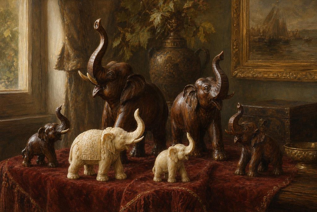 Elephant figurines with raised trunks carved in wood and cast in ivory-colored resin (AI-generated image)