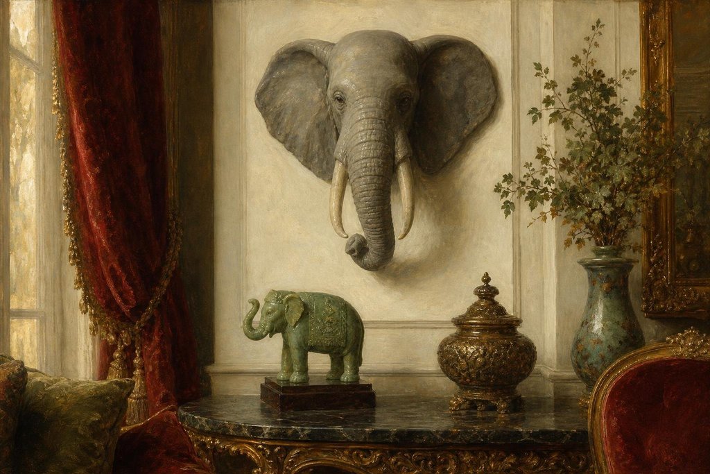 Large gray sculpted elephant head on a wall above a jade elephant figurine (AI-generated image)