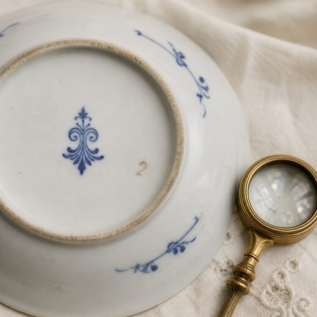 Porcelain maker's marks on the base of a piece seen through a magnifying loupe (AI-generated image)