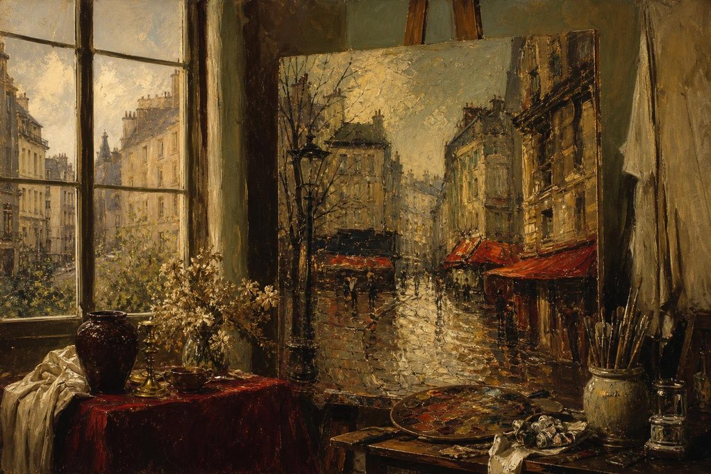An Expressionist painting of a Paris street in deep blues, reds and yellows on an easel (AI-generated image)