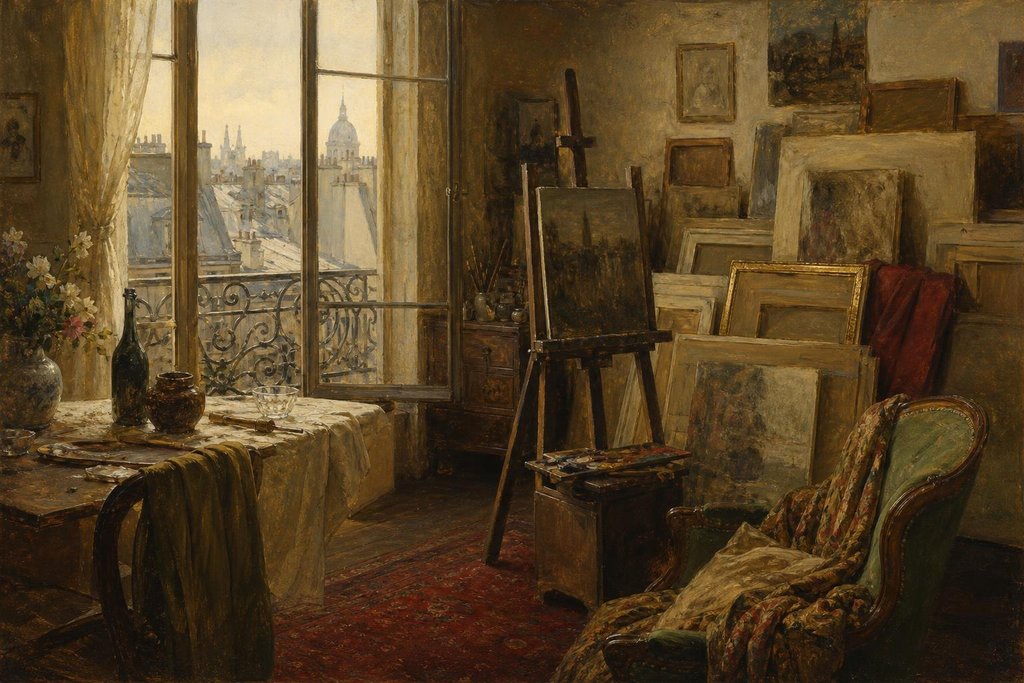 A cramped 1930s Paris artist's garret with unframed canvases stacked against the walls (AI-generated image)