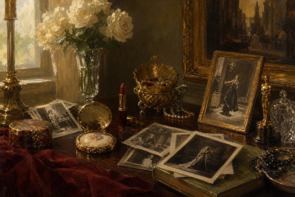A memorabilia collector's desk with framed photographs, a lipstick and a vintage powder compact (AI-generated image)