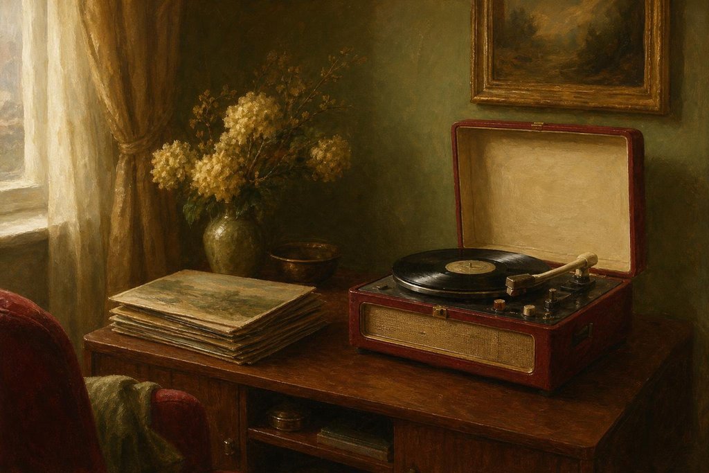 1950s record player with a stack of vinyl albums on a wooden cabinet (AI-generated image)