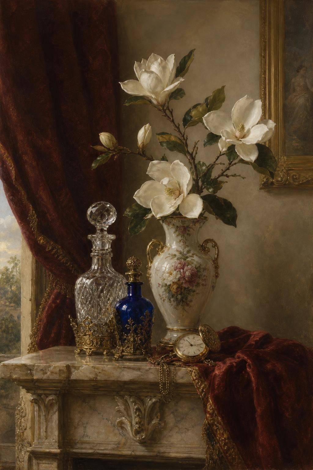Still life of antique porcelain, cut glass, a cobalt bottle and a gold pocket watch on a marble mantel (AI-generated image)