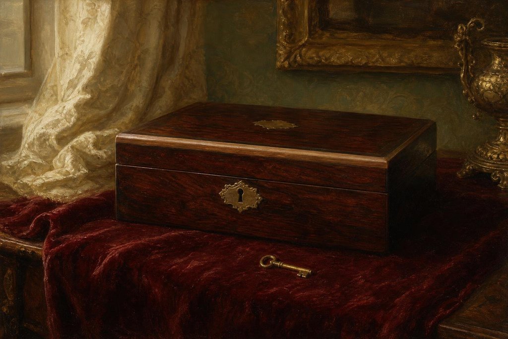 Closed antique rosewood writing box with a brass escutcheon and a small brass key on a velvet cloth (AI-generated image)