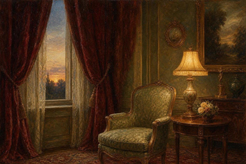 Drawn heavy velvet curtains in a quiet parlor at dusk with a lit table lamp and an empty armchair (AI-generated image)