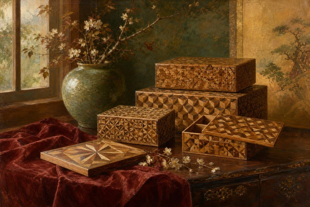 Japanese wooden puzzle boxes covered in geometric marquetry patterns of light and dark wood (AI-generated image)