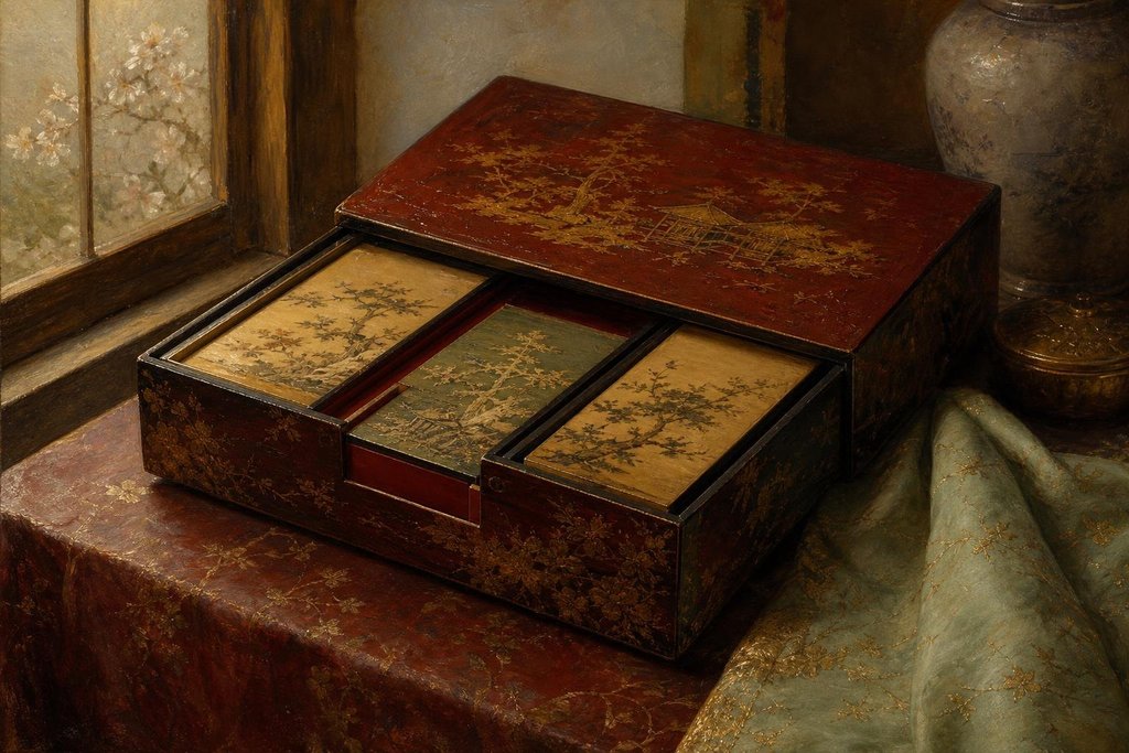 A partly opened Japanese puzzle box with its end and side panels slid out of place (AI-generated image)