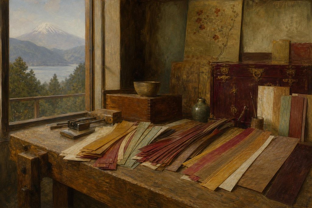 A woodworker's bench with thin strips of colored wood veneer and glued rods of patterned wood (AI-generated image)