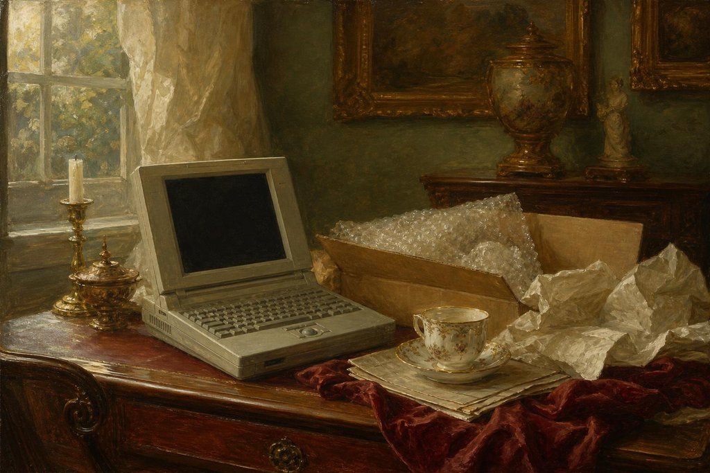 Desk with a vintage laptop, packing materials and an antique porcelain cup being photographed (AI-generated image)