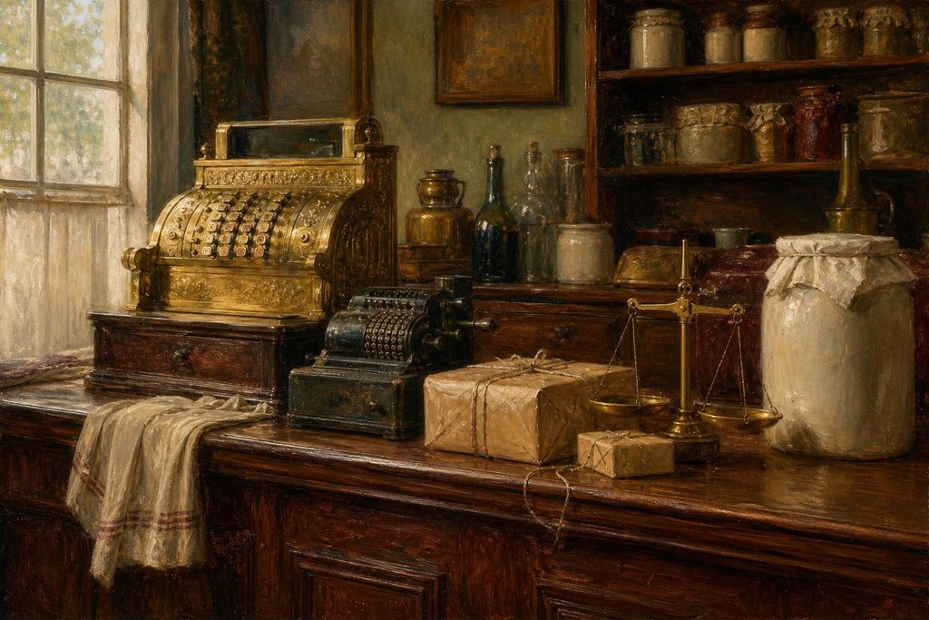 Old general-store counter with a brass cash register, a mechanical calculator, string-tied parcels and small scales (AI-generated image)