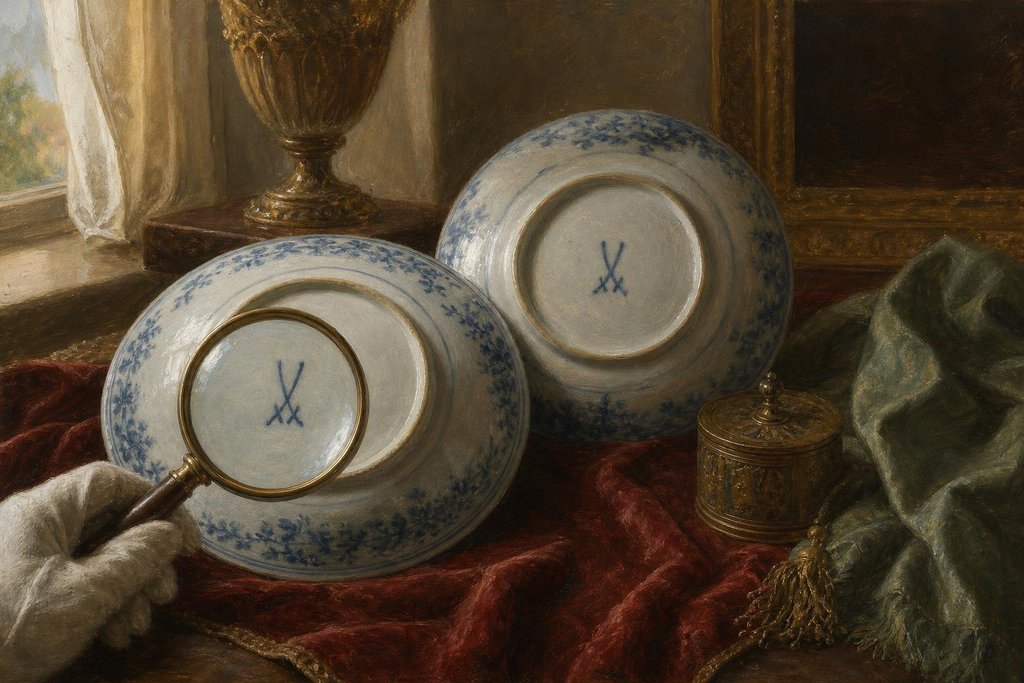 A jeweler's loupe resting over blue crossed-swords style marks on the backs of two porcelain plates (AI-generated image)