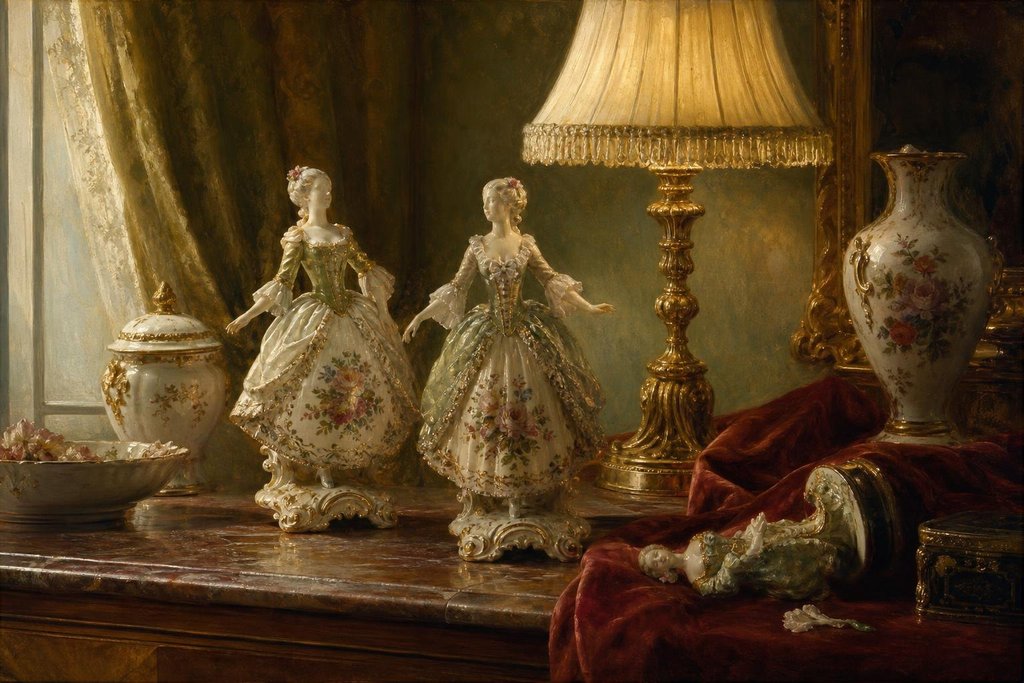 Two porcelain figurines side by side under a lamp, one finely modeled and one roughly made (AI-generated image)