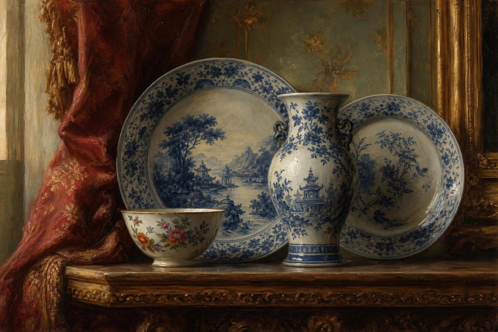 Blue and white Delftware plates and a chinoiserie vase on an old shelf (AI-generated image)