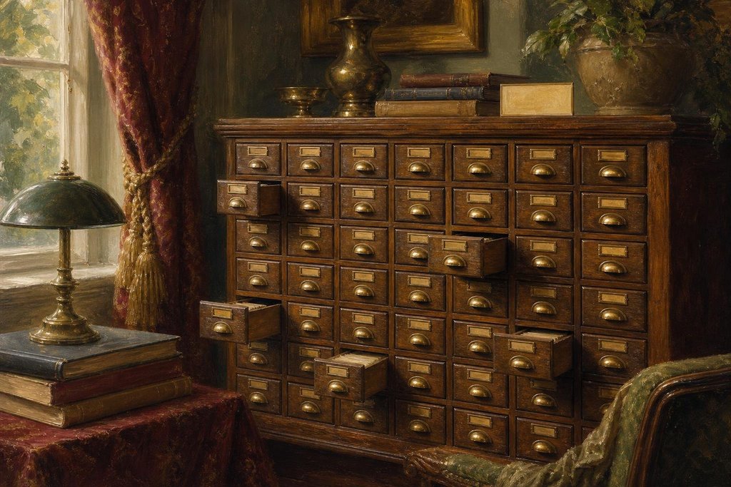 Antique oak library card catalogue cabinet with many small drawers and brass handles, some slightly open (AI-generated image)