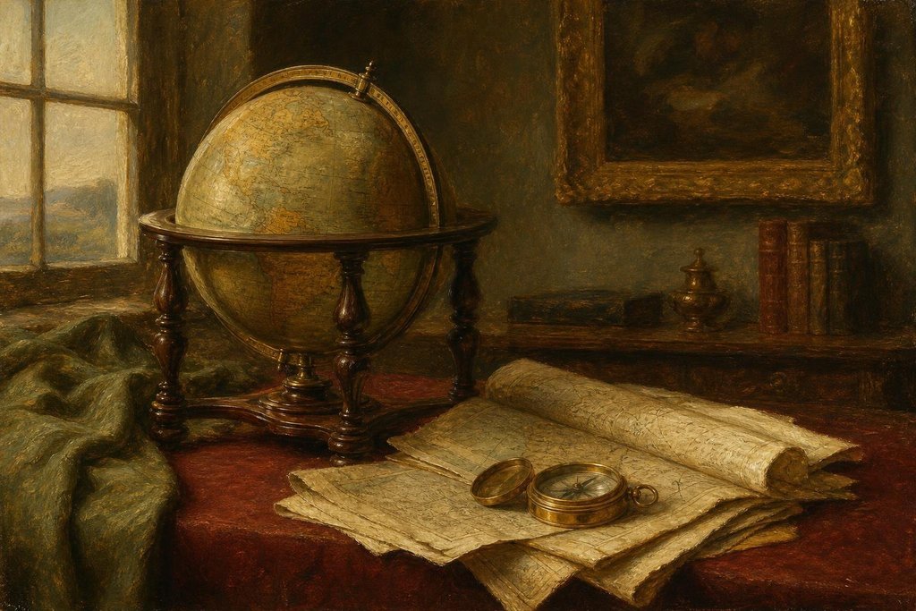 Antique terrestrial globe on a wooden stand beside folded old maps and a brass compass on a table (AI-generated image)