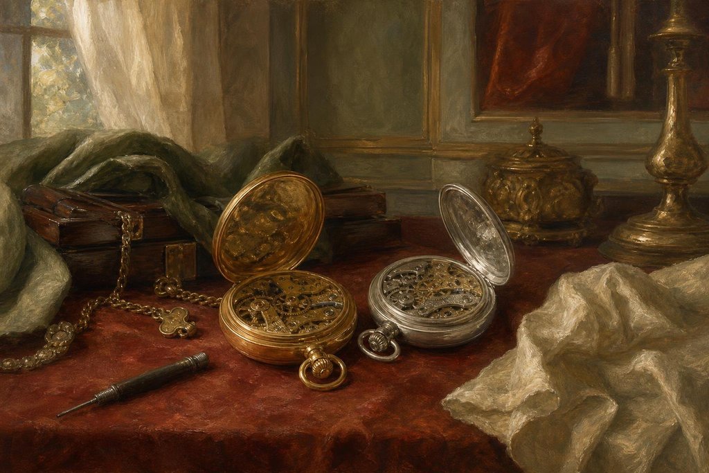 Antique gold and silver pocket watches lying open to show their movements (AI-generated image)