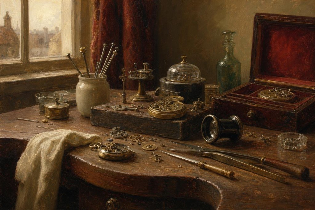 A watchmaker's wooden bench with tiny gears, steel tweezers and a jeweler's loupe (AI-generated image)