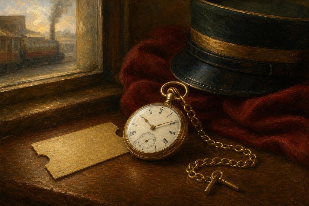 A railroad conductor's pocket watch on a chain beside an old paper train ticket (AI-generated image)